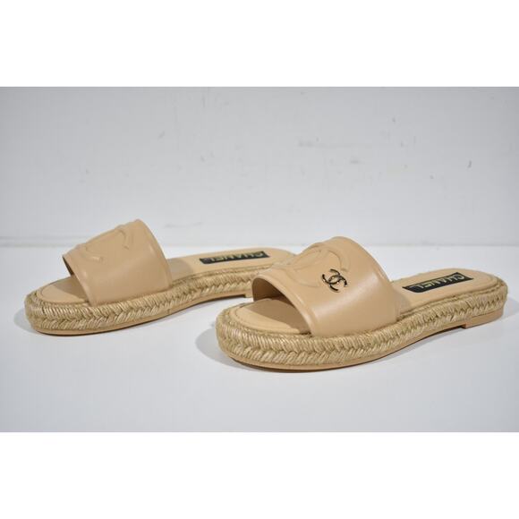 Chanel 23C Beige Lambskin Leather CC Logo Slide Sandal Slip Espadrille Flat 38 - Picture 10 of 12